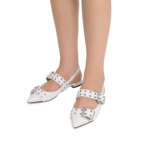 Buckle Straps Slingback Flats - WHITE - 2